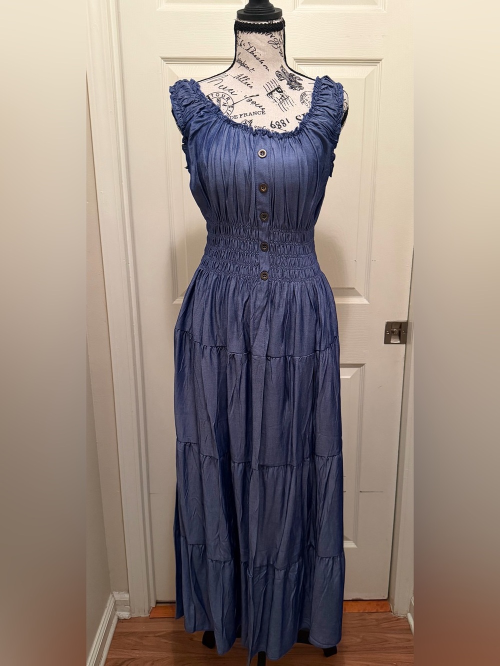 Blue Smocked Button-Front Maxi Dress